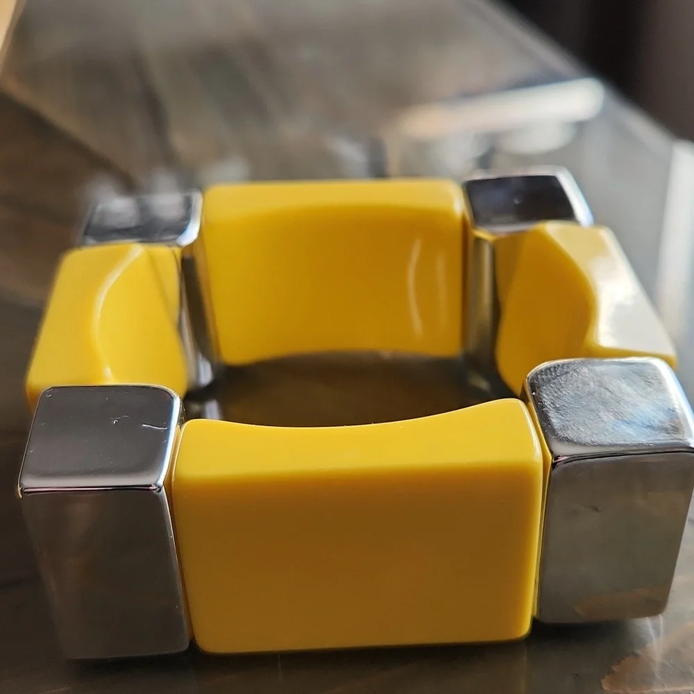 Yellow and Silver Stretch Bracelet Square Shape Geometric Chunky Bangle